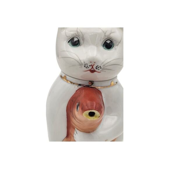 Chinese Porcelain Cat Holding KOI Fish Creamer Pitcher Vintage - Picture 6 of 9
